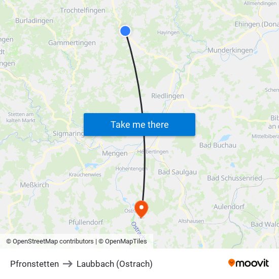 Pfronstetten to Laubbach (Ostrach) map