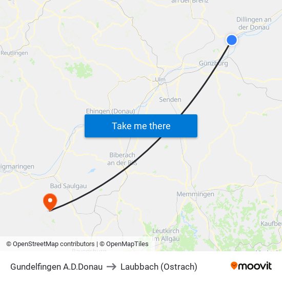 Gundelfingen A.D.Donau to Laubbach (Ostrach) map