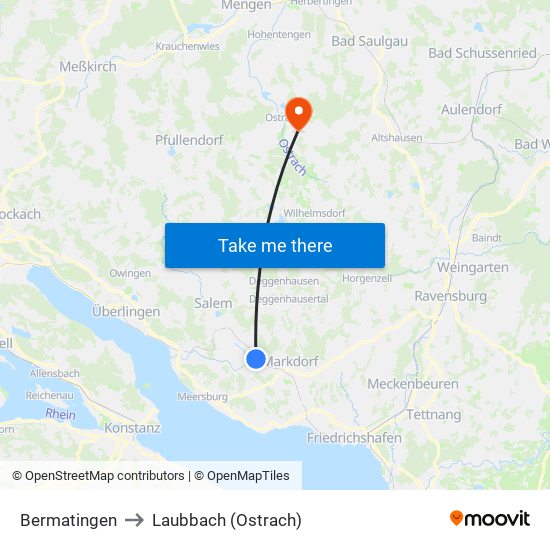 Bermatingen to Laubbach (Ostrach) map