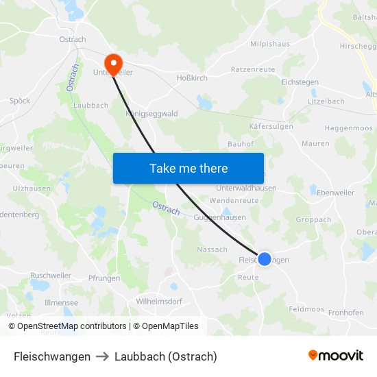 Fleischwangen to Laubbach (Ostrach) map