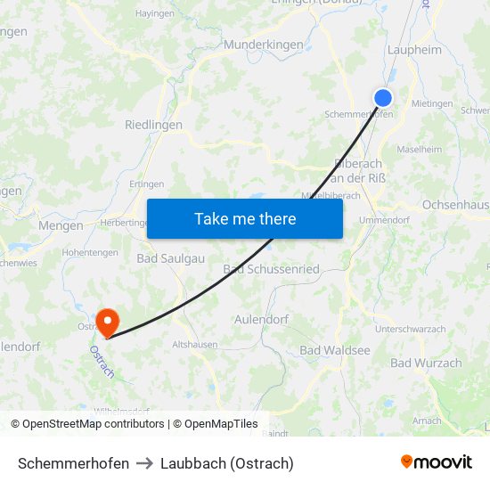 Schemmerhofen to Laubbach (Ostrach) map