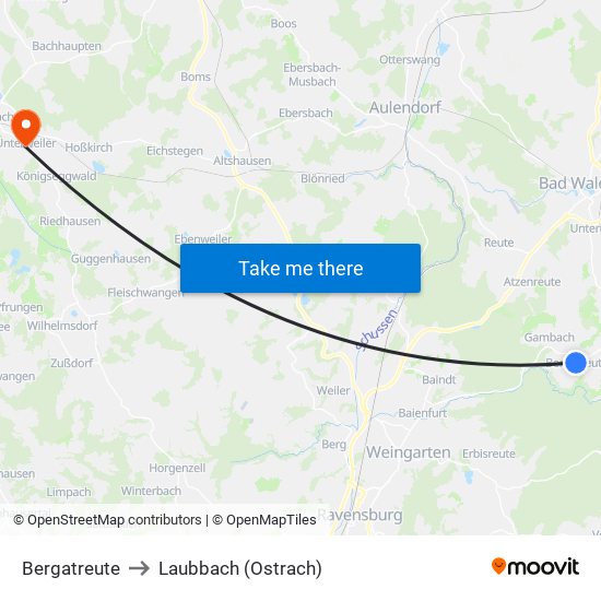 Bergatreute to Laubbach (Ostrach) map