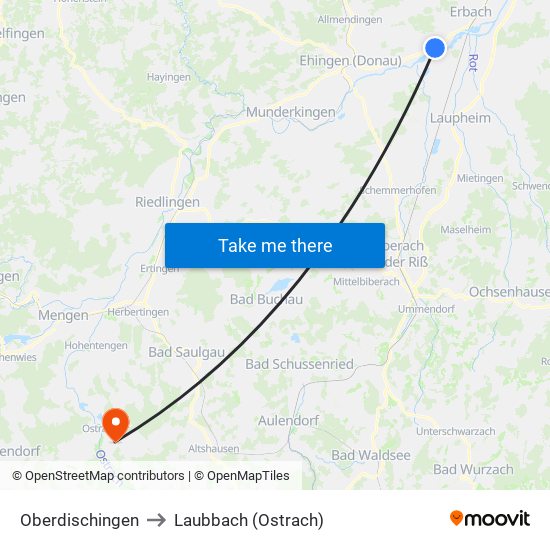 Oberdischingen to Laubbach (Ostrach) map