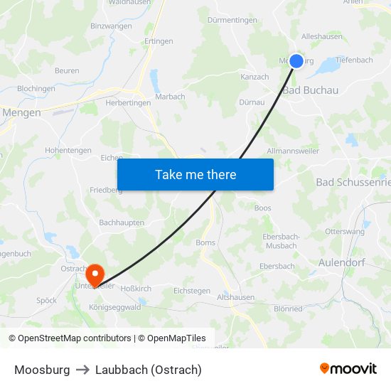 Moosburg to Laubbach (Ostrach) map