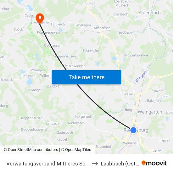 Verwaltungsverband Mittleres Schussental to Laubbach (Ostrach) map