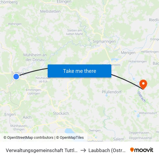 Verwaltungsgemeinschaft Tuttlingen to Laubbach (Ostrach) map