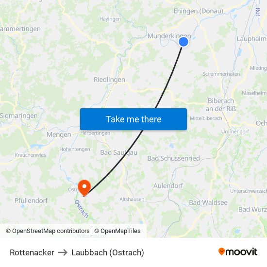 Rottenacker to Laubbach (Ostrach) map