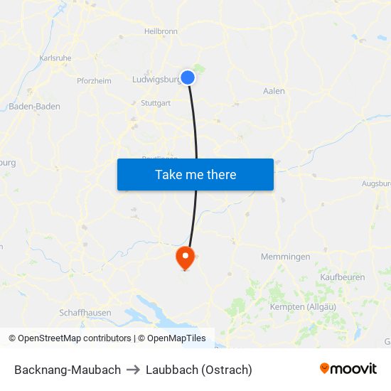 Backnang-Maubach to Laubbach (Ostrach) map