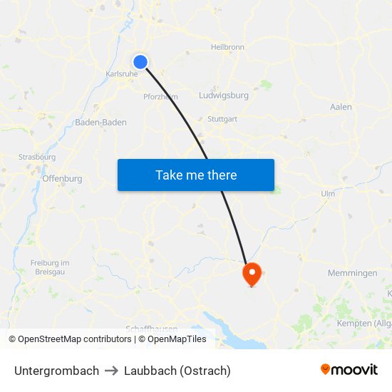 Untergrombach to Laubbach (Ostrach) map