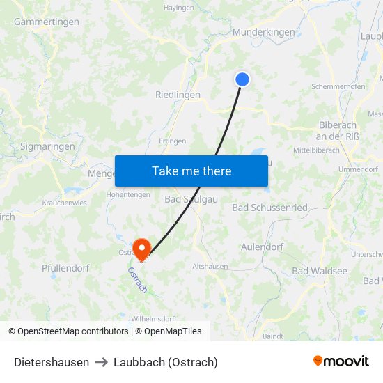 Dietershausen to Laubbach (Ostrach) map