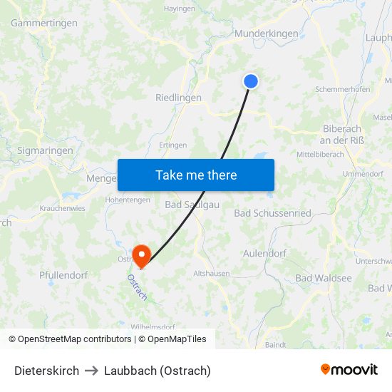 Dieterskirch to Laubbach (Ostrach) map