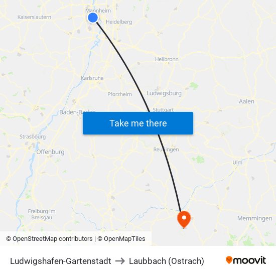 Ludwigshafen-Gartenstadt to Laubbach (Ostrach) map