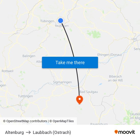 Altenburg to Laubbach (Ostrach) map