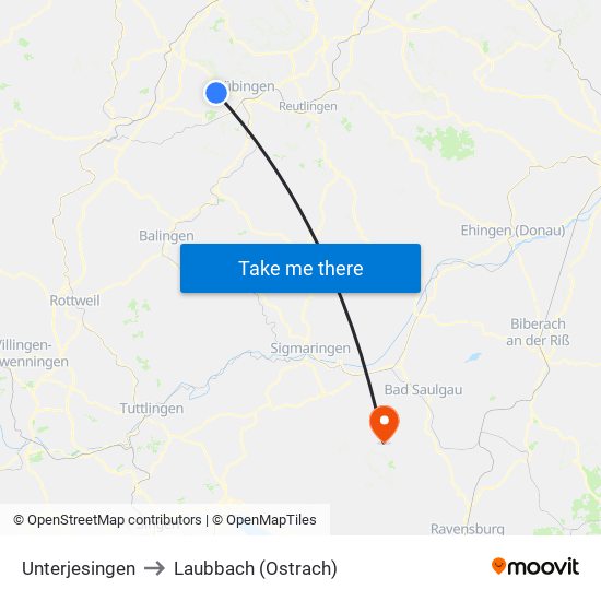 Unterjesingen to Laubbach (Ostrach) map