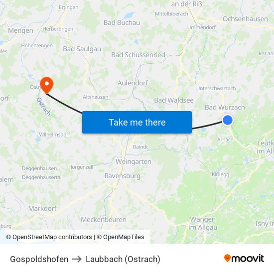 Gospoldshofen to Laubbach (Ostrach) map