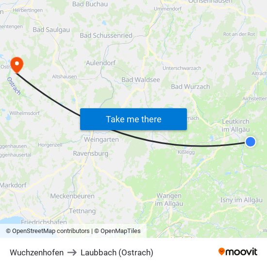 Wuchzenhofen to Laubbach (Ostrach) map