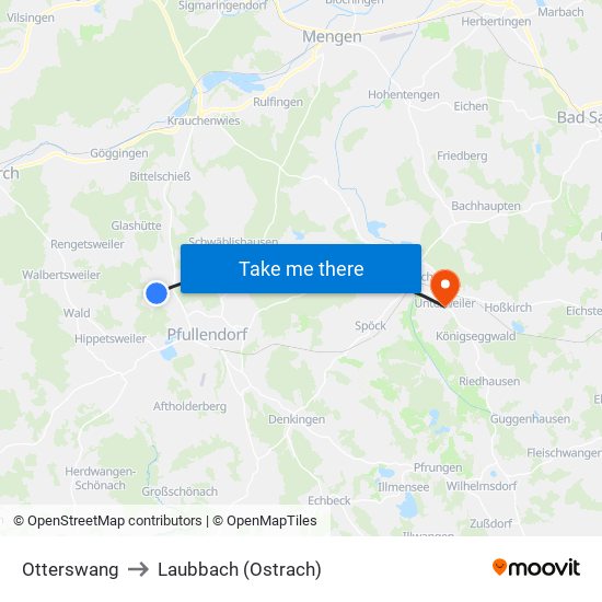 Otterswang to Laubbach (Ostrach) map