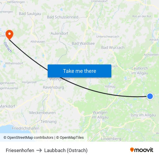 Friesenhofen to Laubbach (Ostrach) map