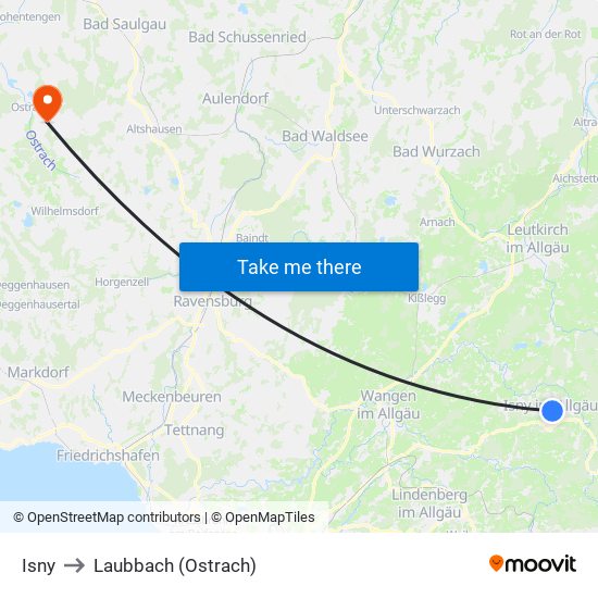 Isny to Laubbach (Ostrach) map