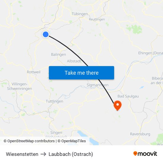 Wiesenstetten to Laubbach (Ostrach) map