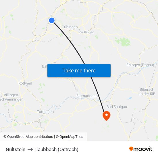 Gültstein to Laubbach (Ostrach) map