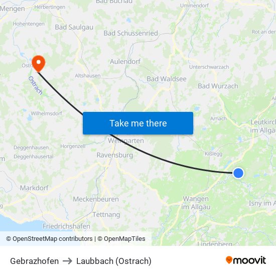 Gebrazhofen to Laubbach (Ostrach) map