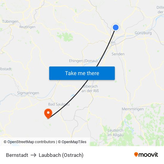 Bernstadt to Laubbach (Ostrach) map