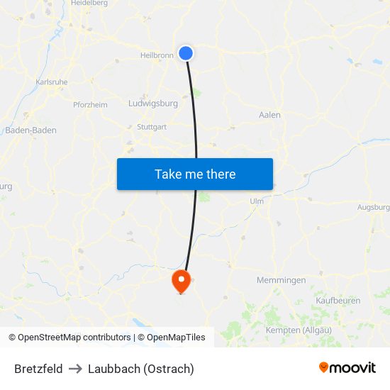 Bretzfeld to Laubbach (Ostrach) map