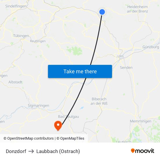 Donzdorf to Laubbach (Ostrach) map