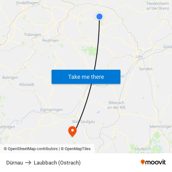Dürnau to Laubbach (Ostrach) map