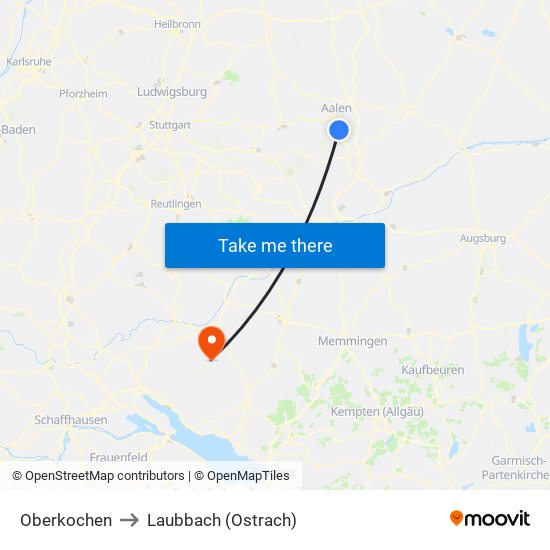 Oberkochen to Laubbach (Ostrach) map