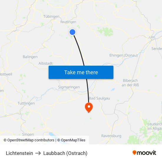 Lichtenstein to Laubbach (Ostrach) map