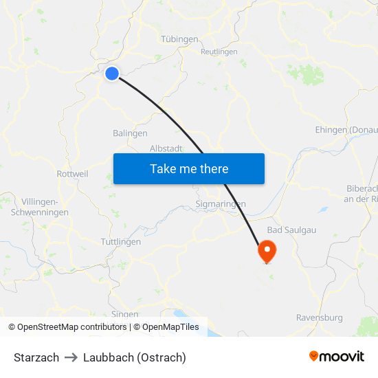 Starzach to Laubbach (Ostrach) map