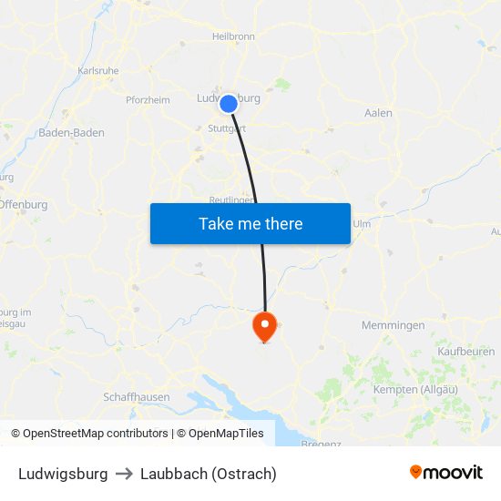 Ludwigsburg to Laubbach (Ostrach) map