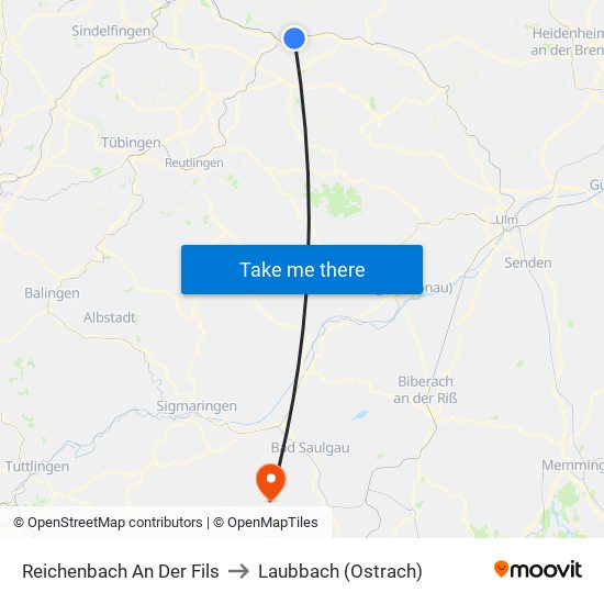 Reichenbach An Der Fils to Laubbach (Ostrach) map