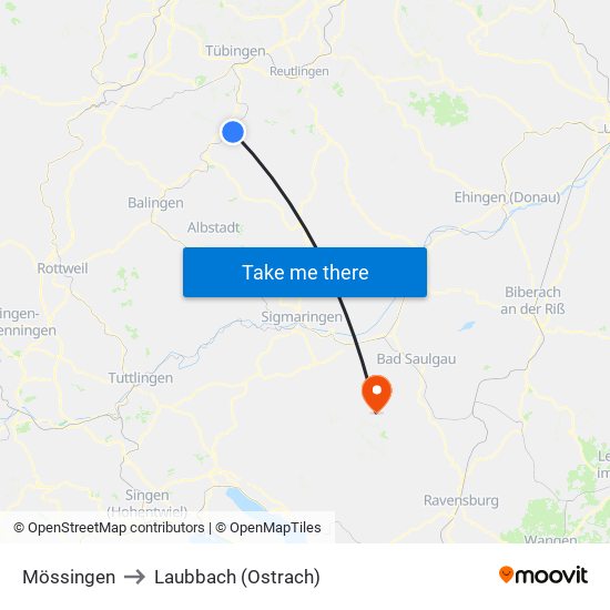 Mössingen to Laubbach (Ostrach) map
