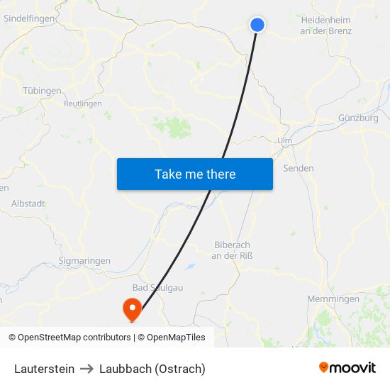 Lauterstein to Laubbach (Ostrach) map