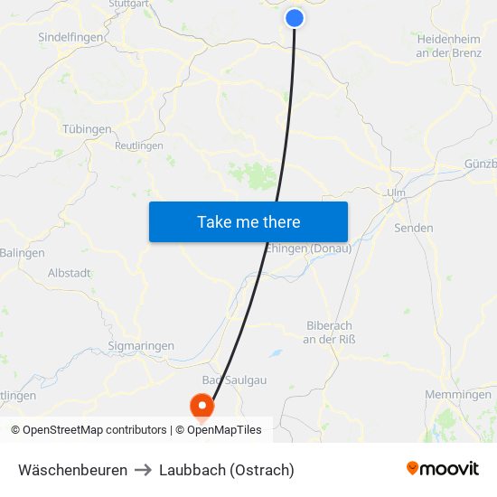 Wäschenbeuren to Laubbach (Ostrach) map