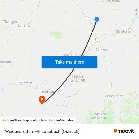 Weidenstetten to Laubbach (Ostrach) map