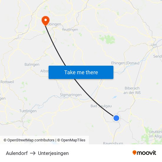 Aulendorf to Unterjesingen map