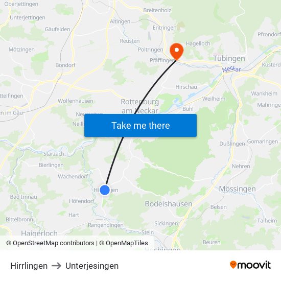 Hirrlingen to Unterjesingen map