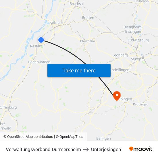 Verwaltungsverband Durmersheim to Unterjesingen map