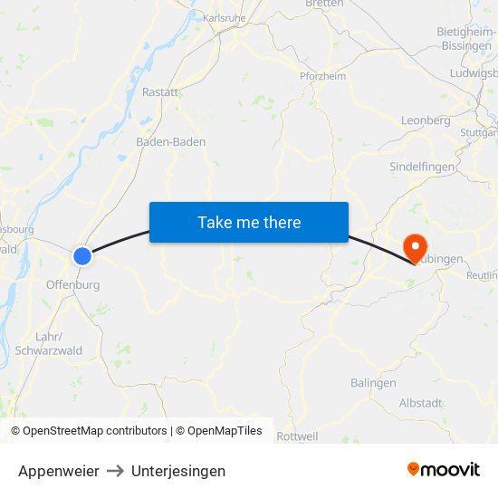 Appenweier to Unterjesingen map
