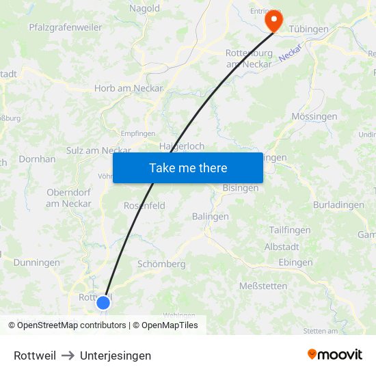 Rottweil to Unterjesingen map
