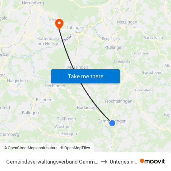 Gemeindeverwaltungsverband Gammertingen to Unterjesingen map