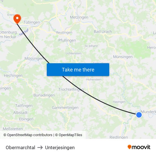 Obermarchtal to Unterjesingen map