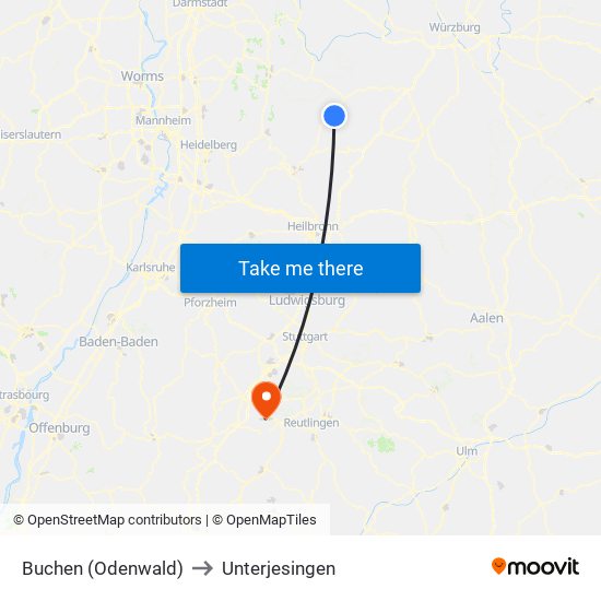 Buchen (Odenwald) to Unterjesingen map