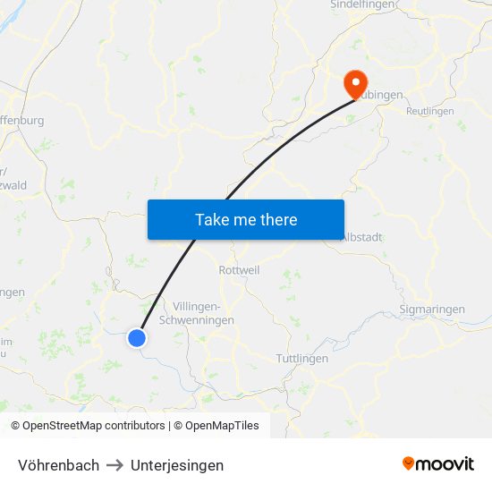 Vöhrenbach to Unterjesingen map