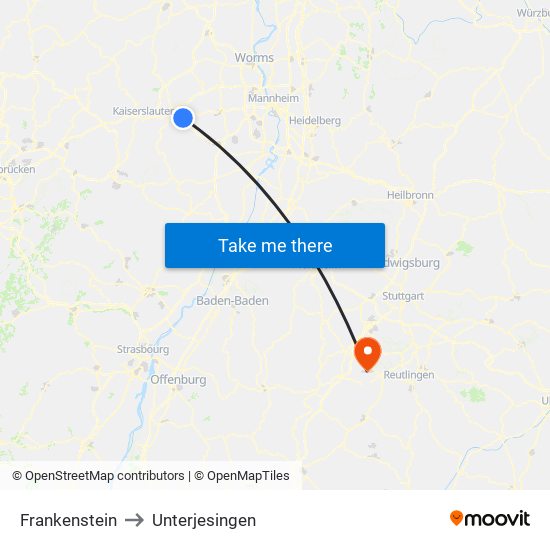 Frankenstein to Unterjesingen map