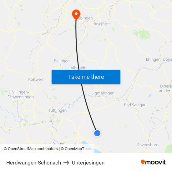 Herdwangen-Schönach to Unterjesingen map